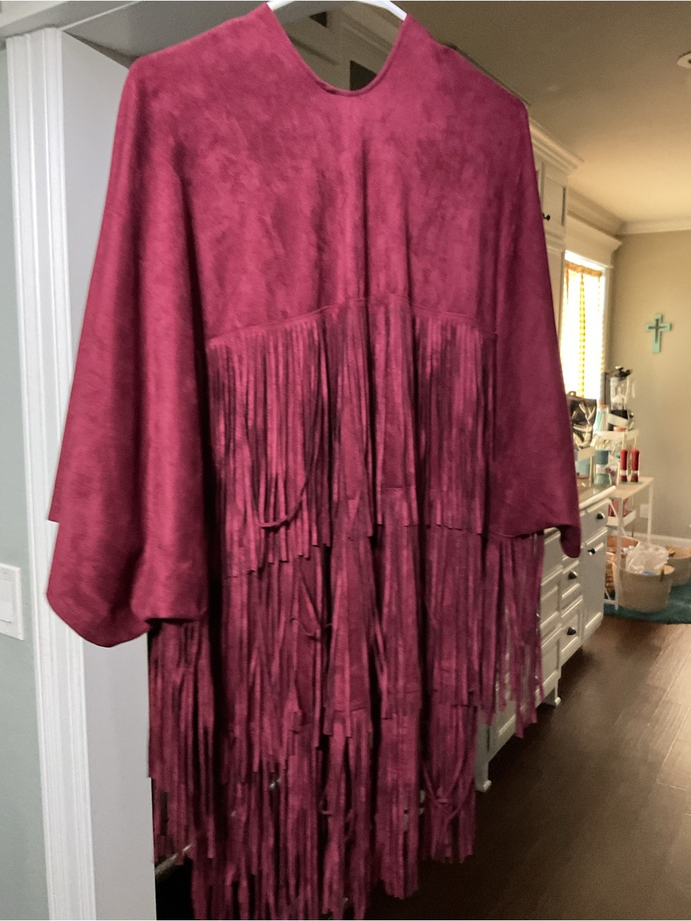 Berry Suede Fringe Jacket poncho with dolman sleeve